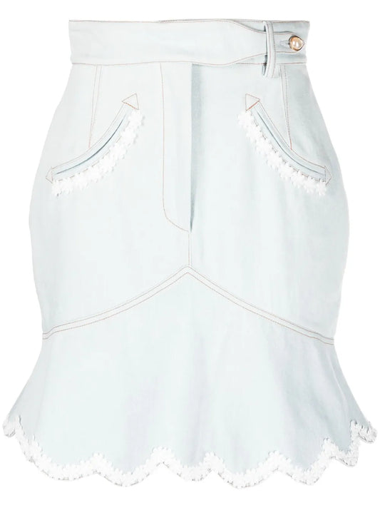 Floral-Embroidered Denim Peplum Skirt