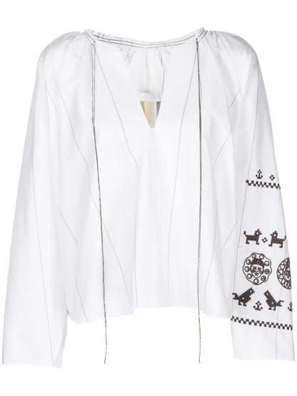 Embroidered-Motif Striped Blouse