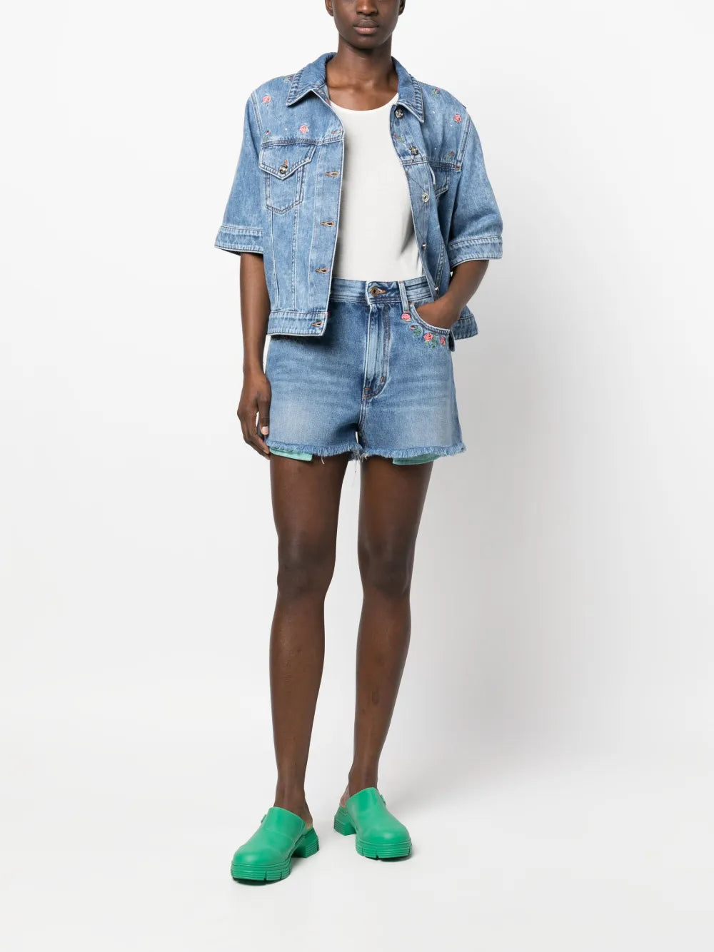 Floral-Embroidered Denim Shorts