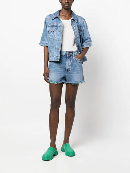 Floral-Embroidered Denim Shorts