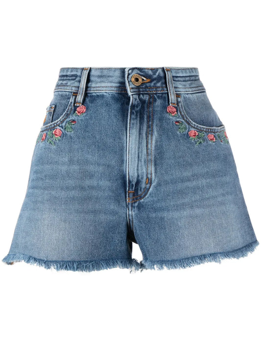 Floral-Embroidered Denim Shorts