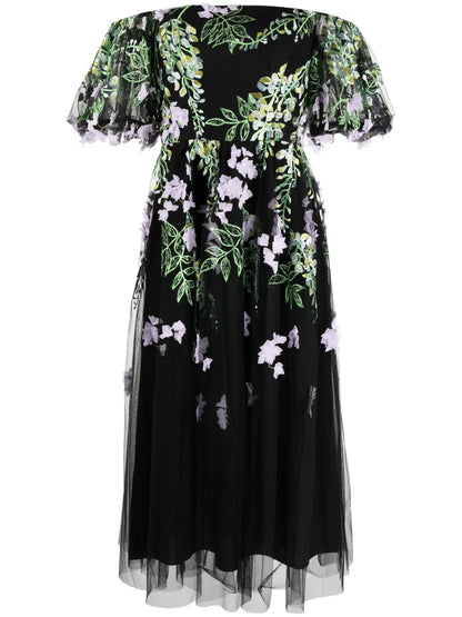 Floral-Embroidered Off-Shoulder Midi Dress