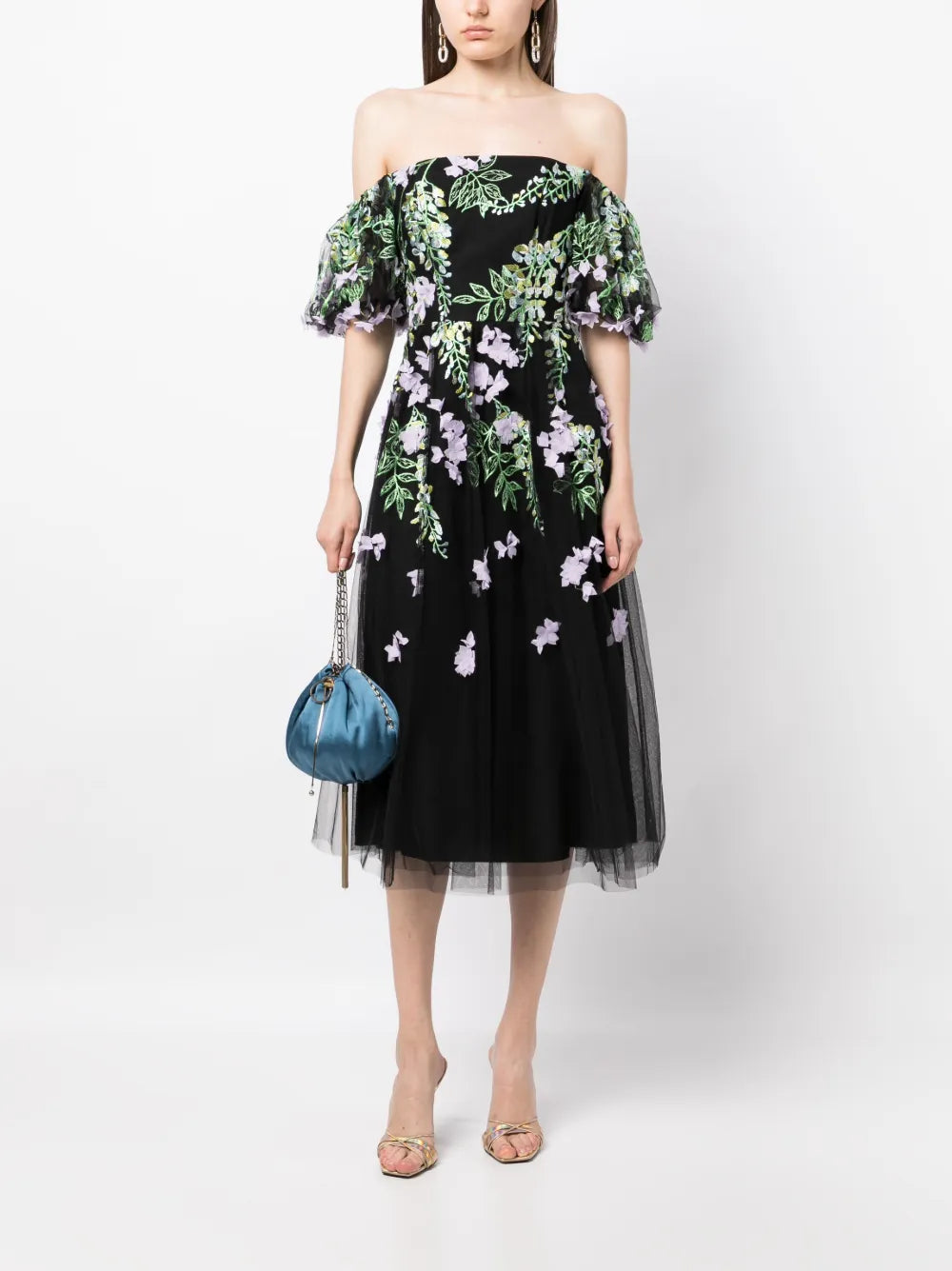 Floral-Embroidered Off-Shoulder Midi Dress