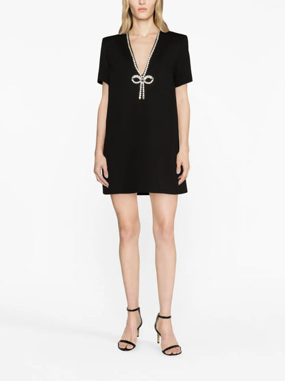 Crystal-Embellished V-Neck Mini Dress
