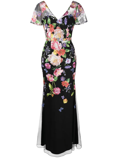 Floral-Embroidered V-Neck Gown