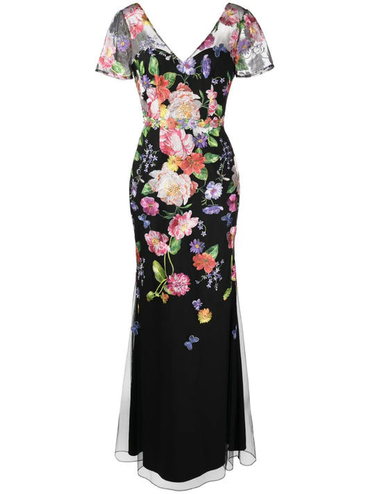 Floral-Embroidered V-Neck Gown