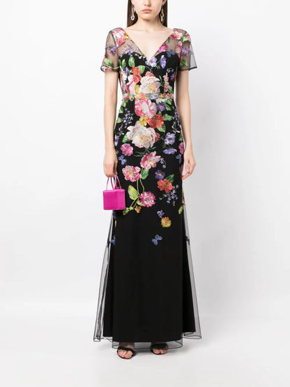 Floral-Embroidered V-Neck Gown
