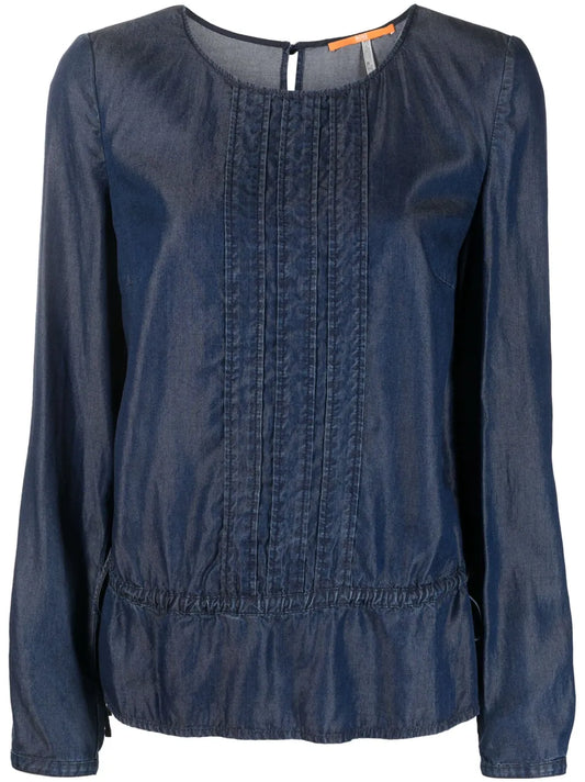 Denim Ruffle-Hem Long-Sleeve Top