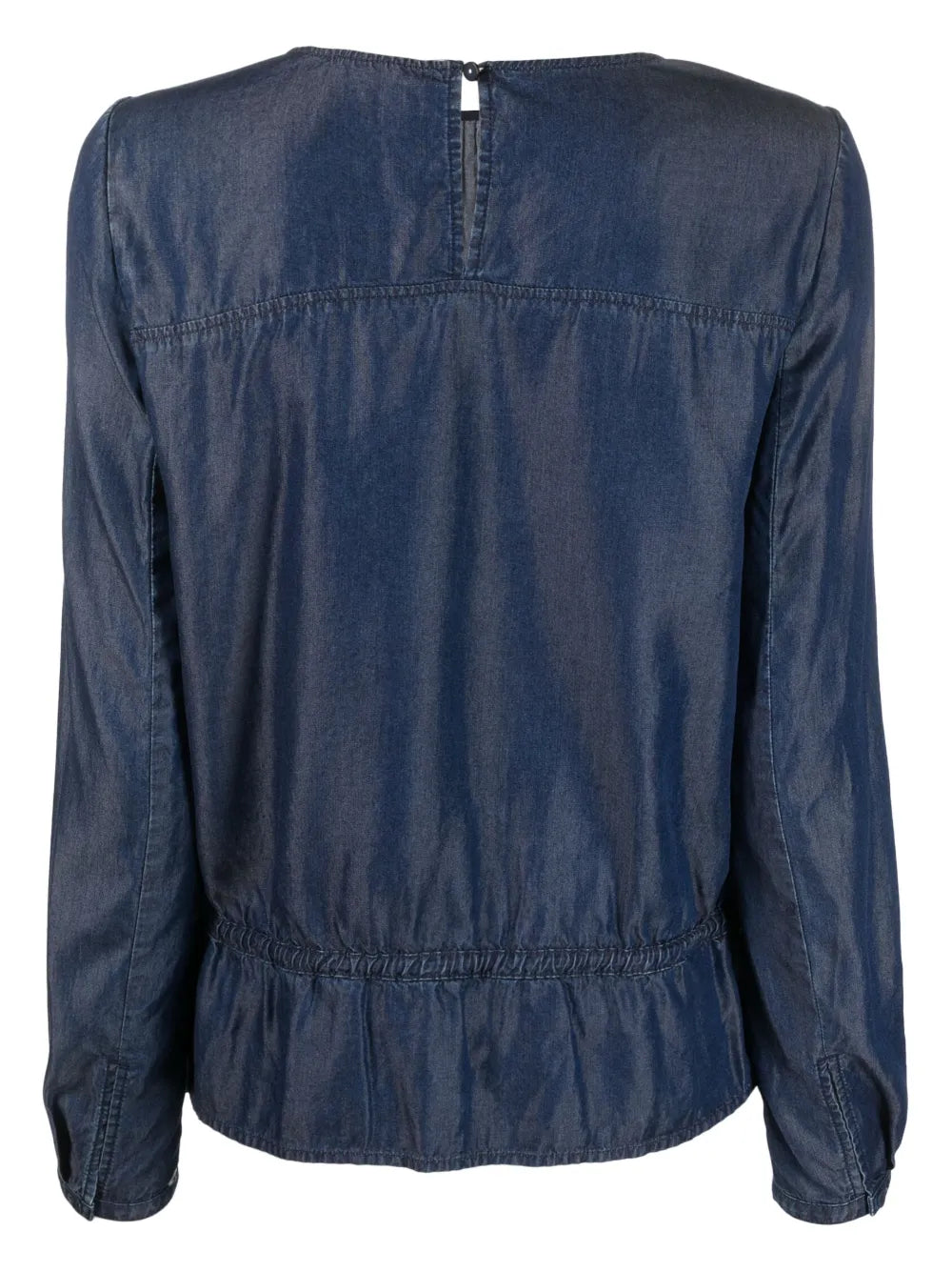 Denim Ruffle-Hem Long-Sleeve Top