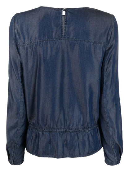Denim Ruffle-Hem Long-Sleeve Top