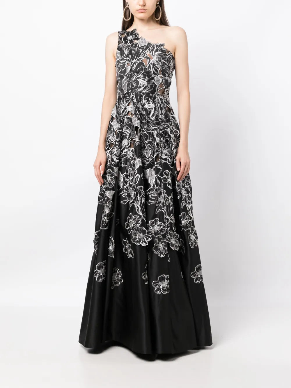 Floral-Appliqué One-Shoulder Dress