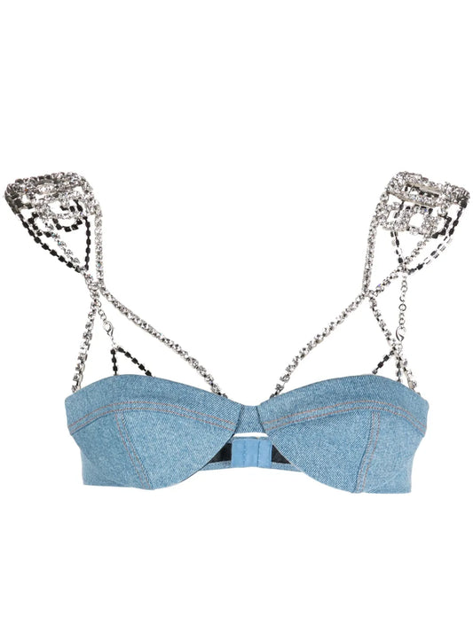 Embellished-Strap Denim Bralette Top