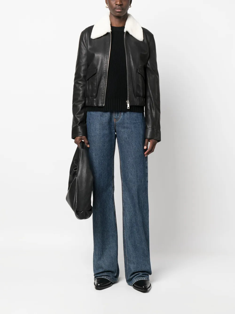Shearling-Collar Leather Jacket