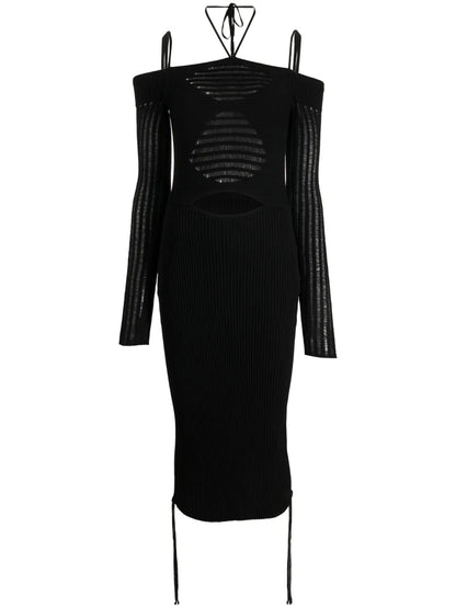 Cold-Shoulder Knitted Midi Dress