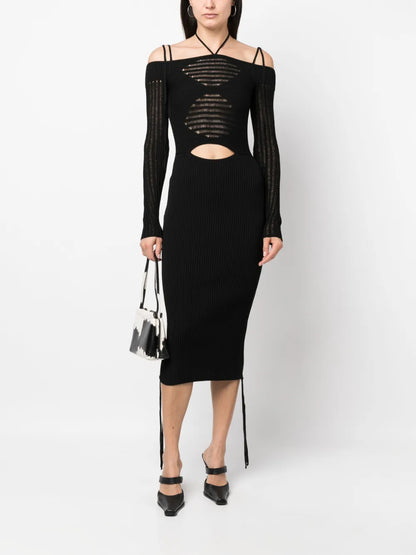 Cold-Shoulder Knitted Midi Dress