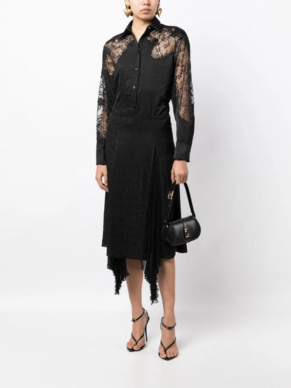 Sheer-Lace Crinkled Satin Shirt