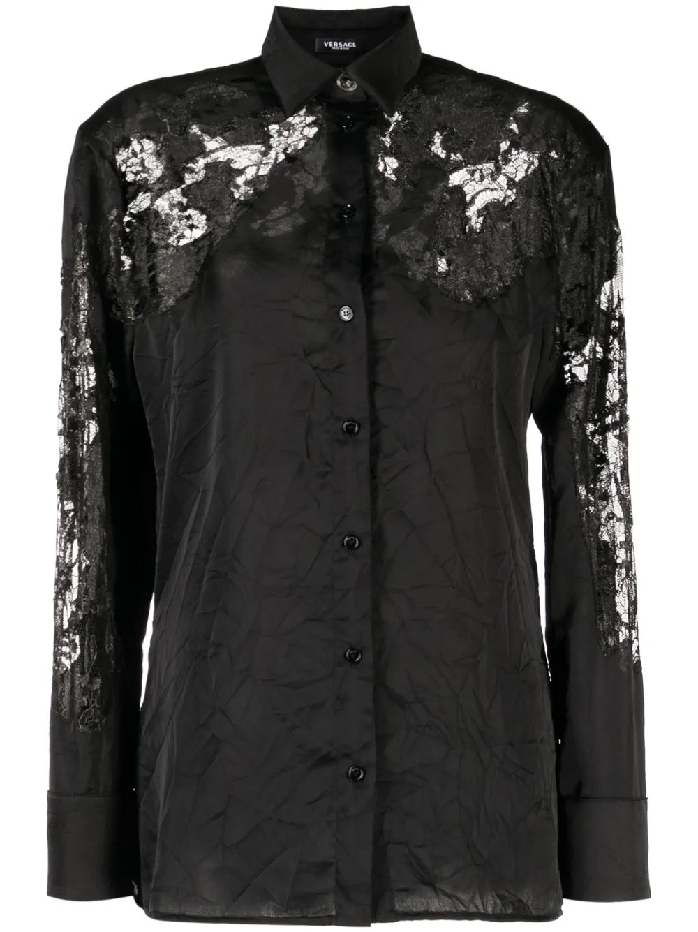 Sheer-Lace Crinkled Satin Shirt