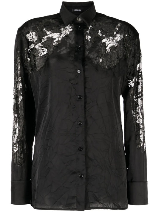 Sheer-Lace Crinkled Satin Shirt