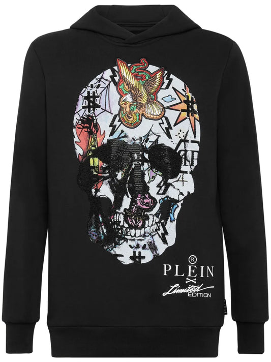 Skull-Print Crystal-Embellished Hoodie