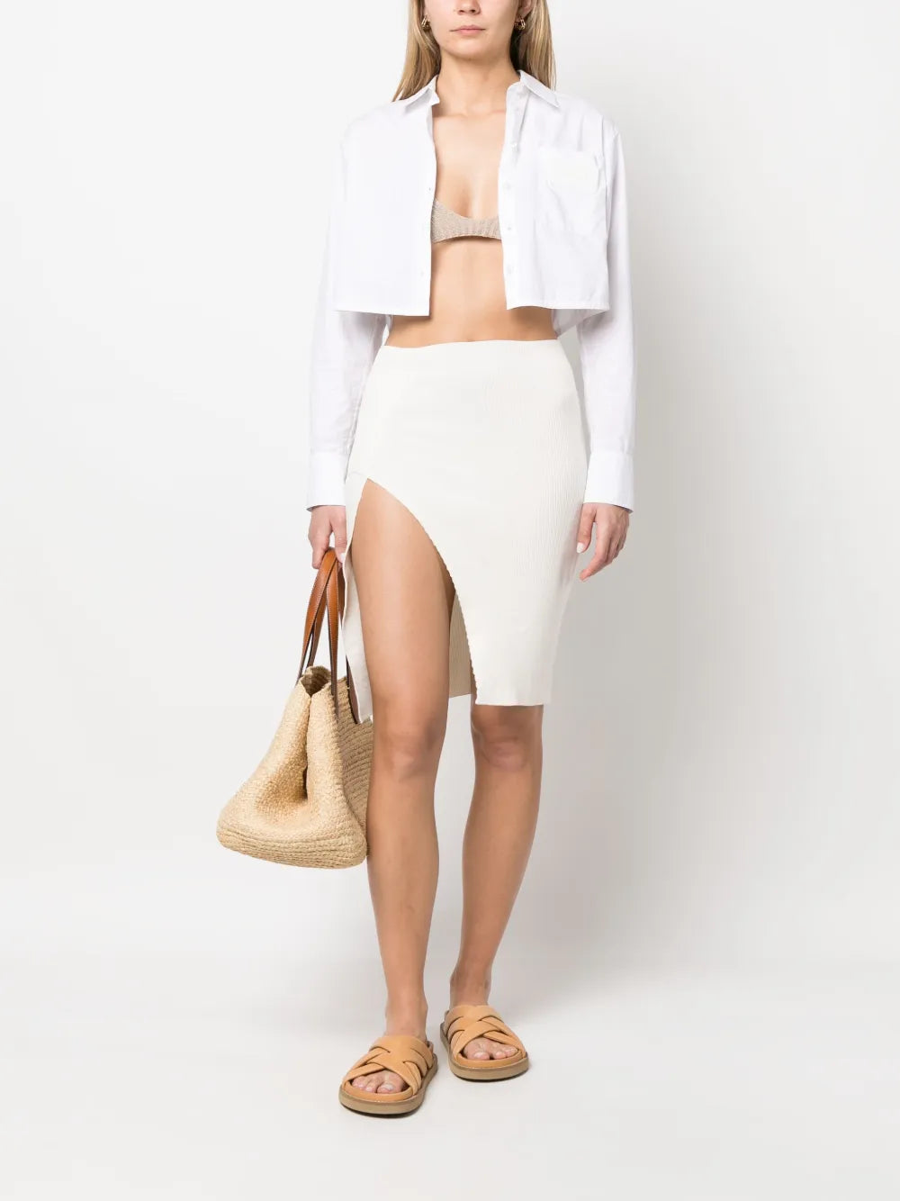 Ribbed-Knit Asymmetric Midi Skirt