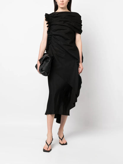 One-Shoulder Draped Gathered Dress