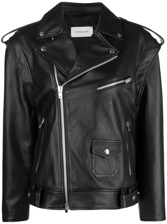 Off-Centre Zip Leather Jacket