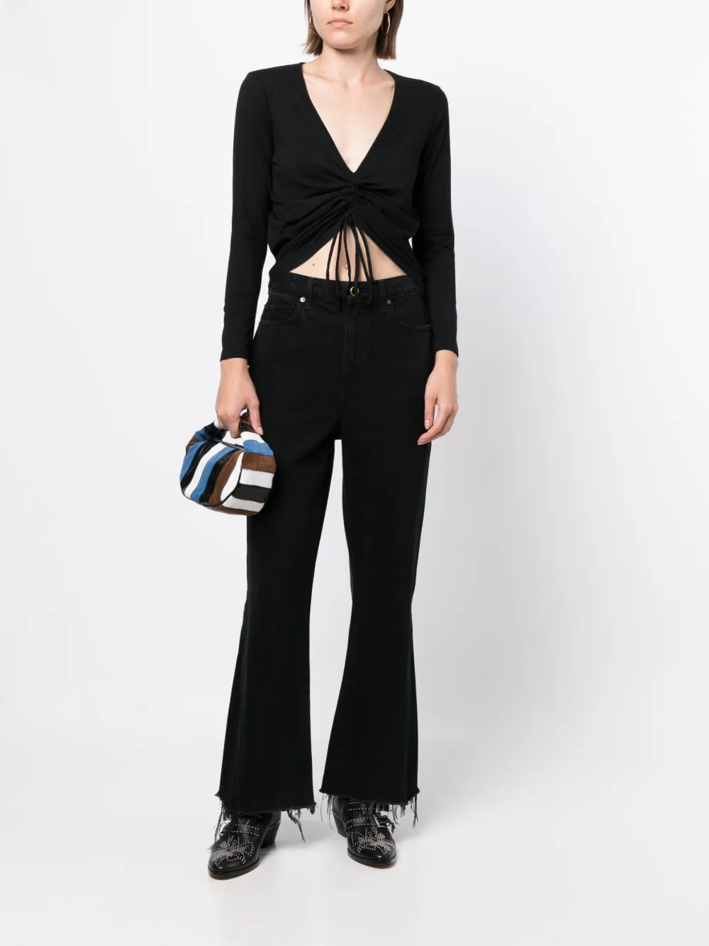 Plunging V-Neck Gathered-Detail Top