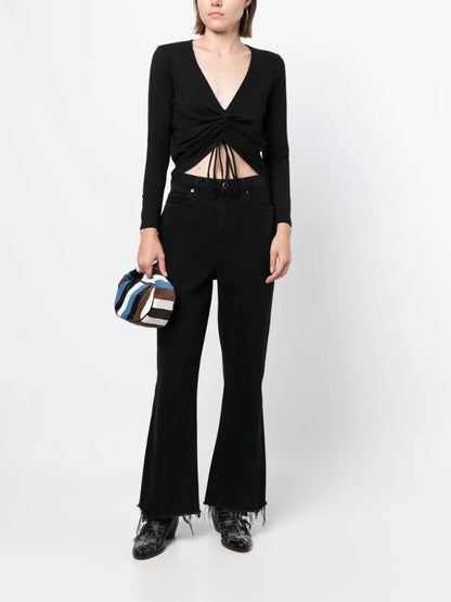 Plunging V-Neck Gathered-Detail Top