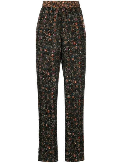 Ozio Floral-Print Silk Trousers