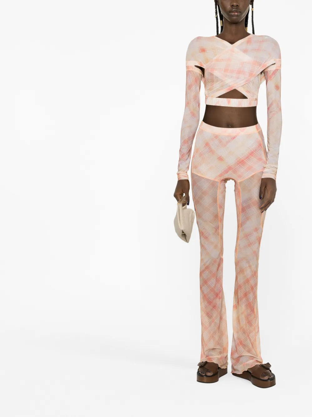 Check-Print Semi-Sheer Trousers