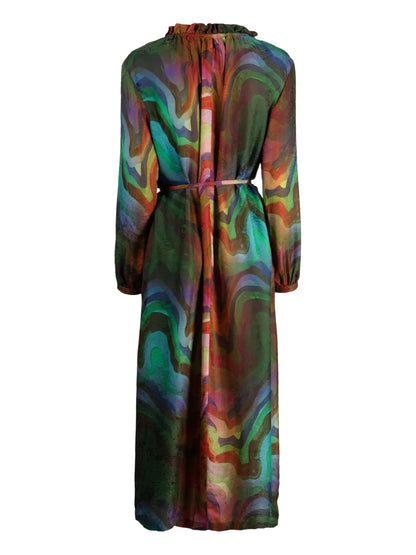Wave Pattern Frilled-Neckline Silk Dress