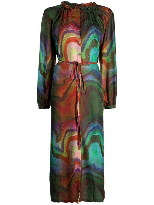 Wave Pattern Frilled-Neckline Silk Dress