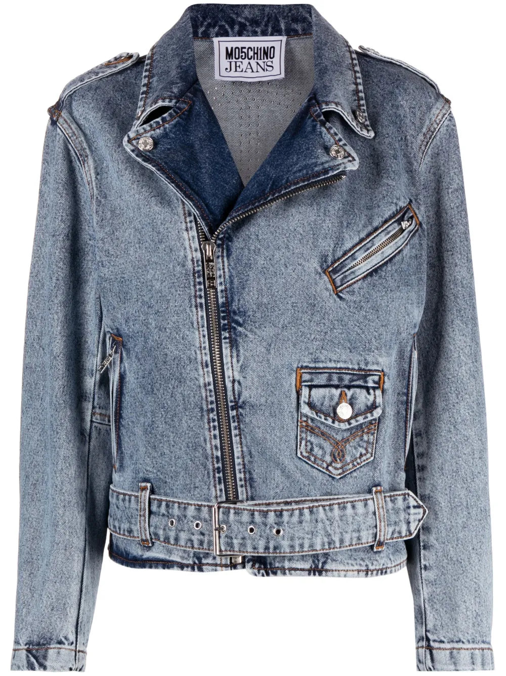 Crystal-Embellished Denim Biker Jacket