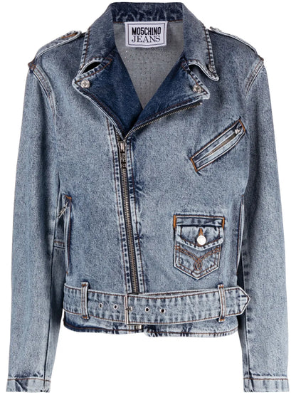 Crystal-Embellished Denim Biker Jacket