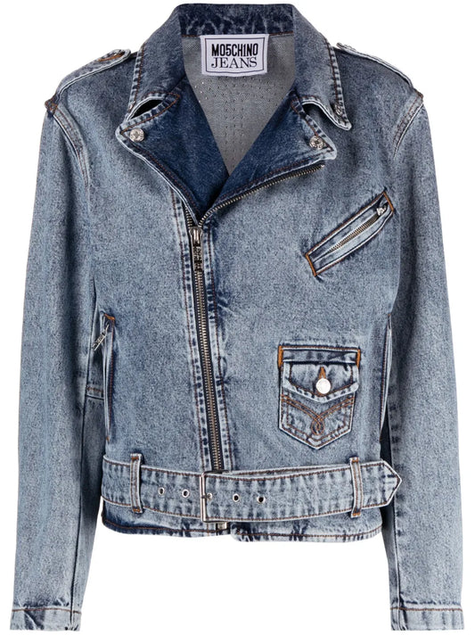 Crystal-Embellished Denim Biker Jacket