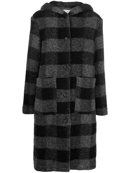 Checked Hooded Wool-Blend Coat