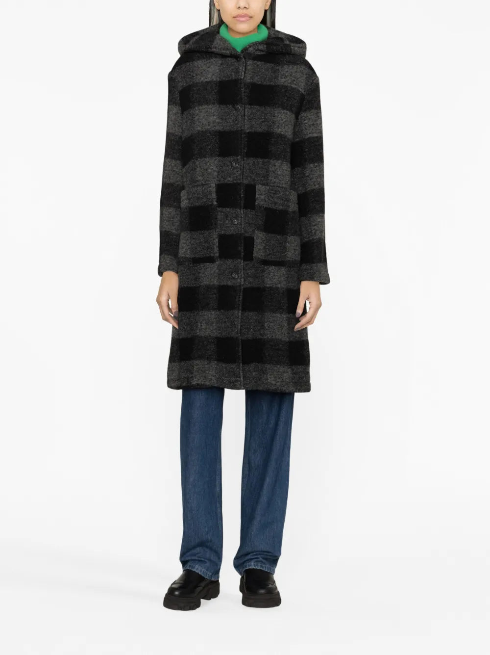 Checked Hooded Wool-Blend Coat
