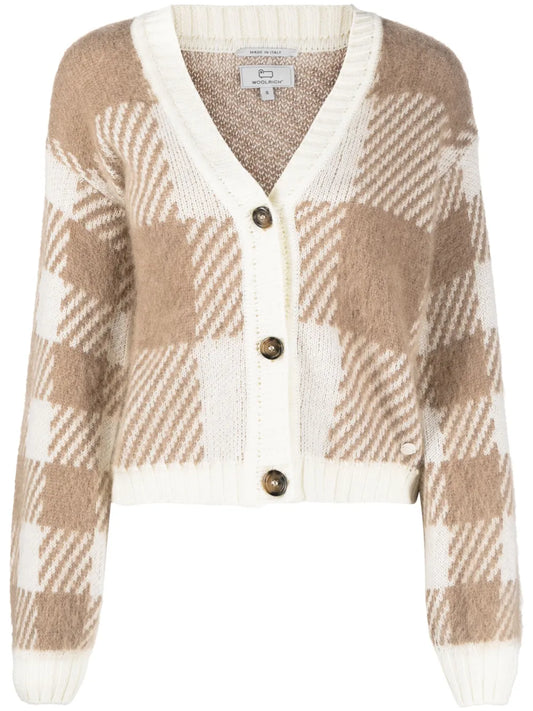 Checked Intarsia-Knit Cardigan
