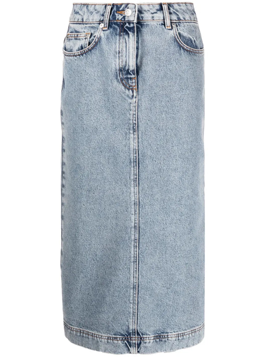 Washed-Denim Midi Skirt