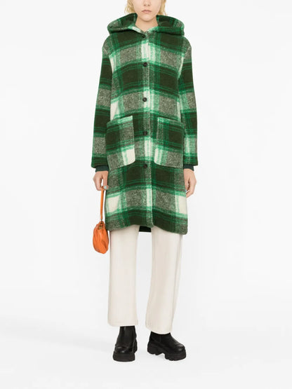 Checked Hooded Wool-Blend Coat