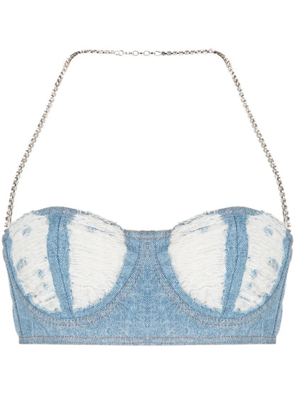 Ribbed Washed-Denim Crop Top