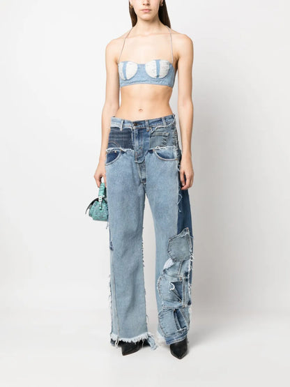 Ribbed Washed-Denim Crop Top