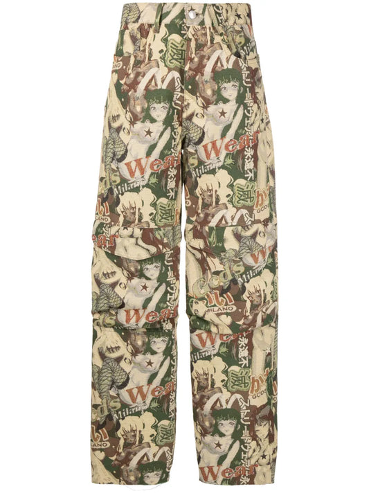 Hentai Jacquard-Pattern Cargo Trousers