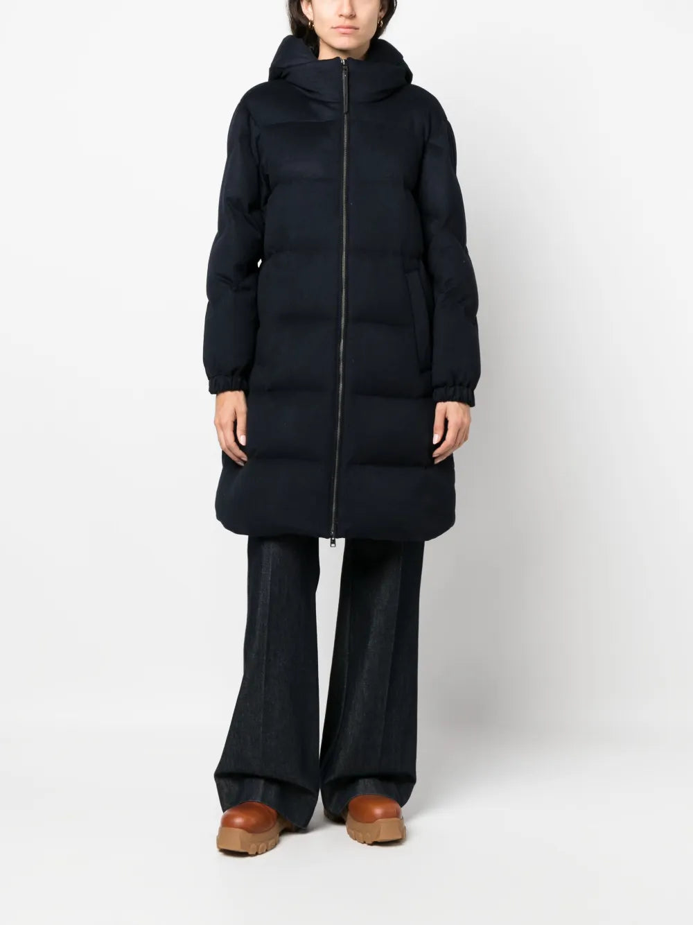Funnel-Neck Padded Wool Coat