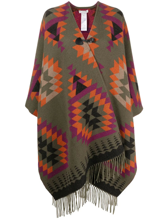 Ikat-Print Fringed Wool-Blend Cape