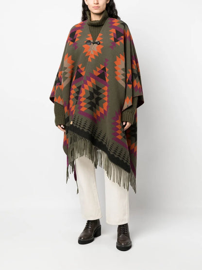 Ikat-Print Fringed Wool-Blend Cape