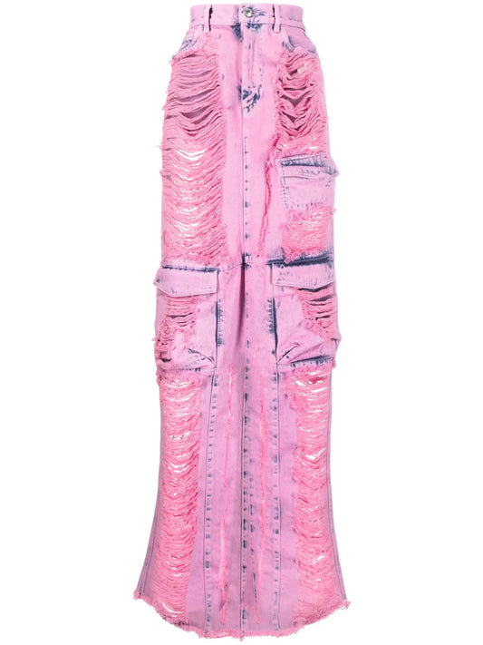 Frayed-Denim Cargo Maxi Skirt