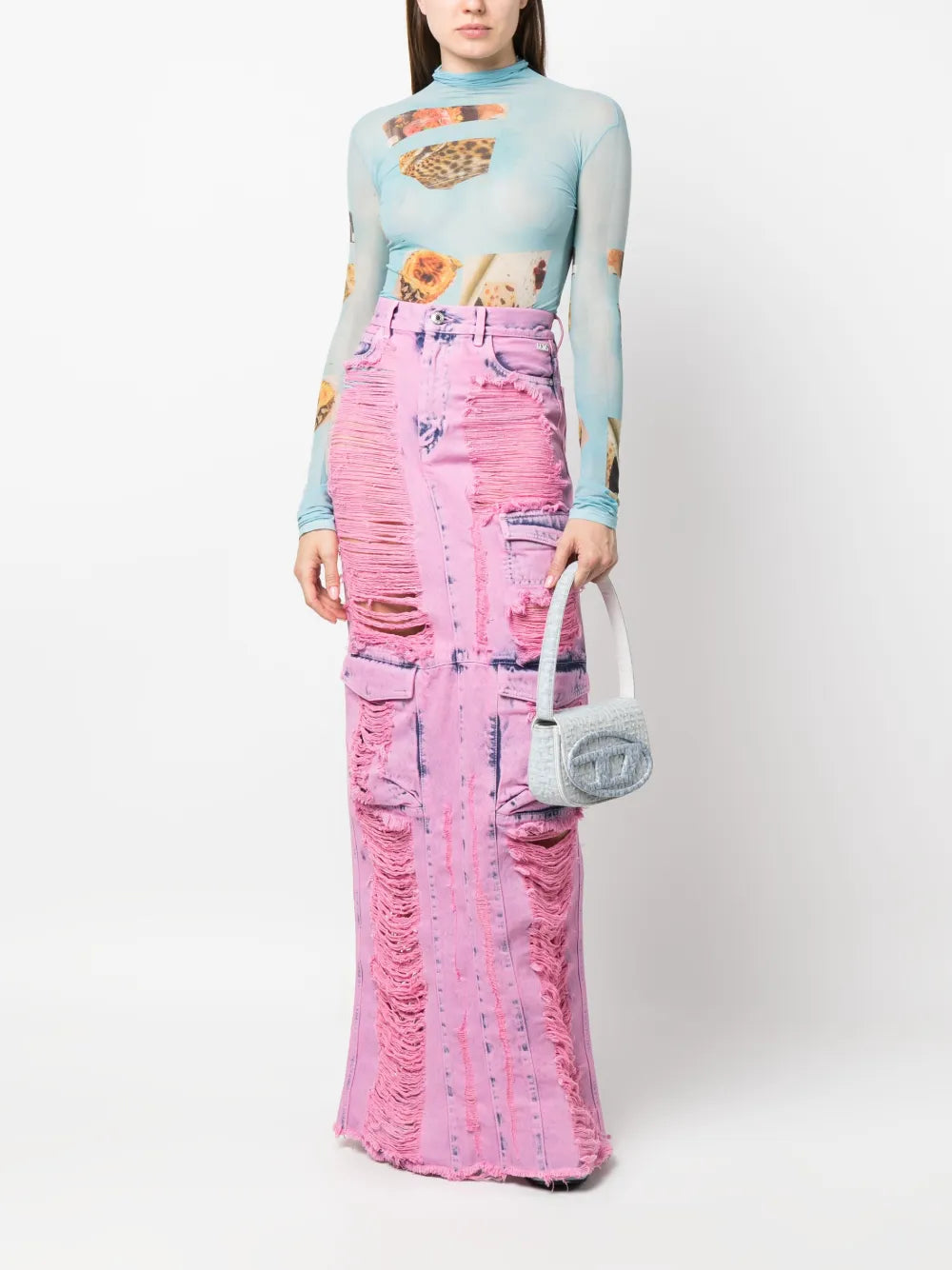 Frayed-Denim Cargo Maxi Skirt