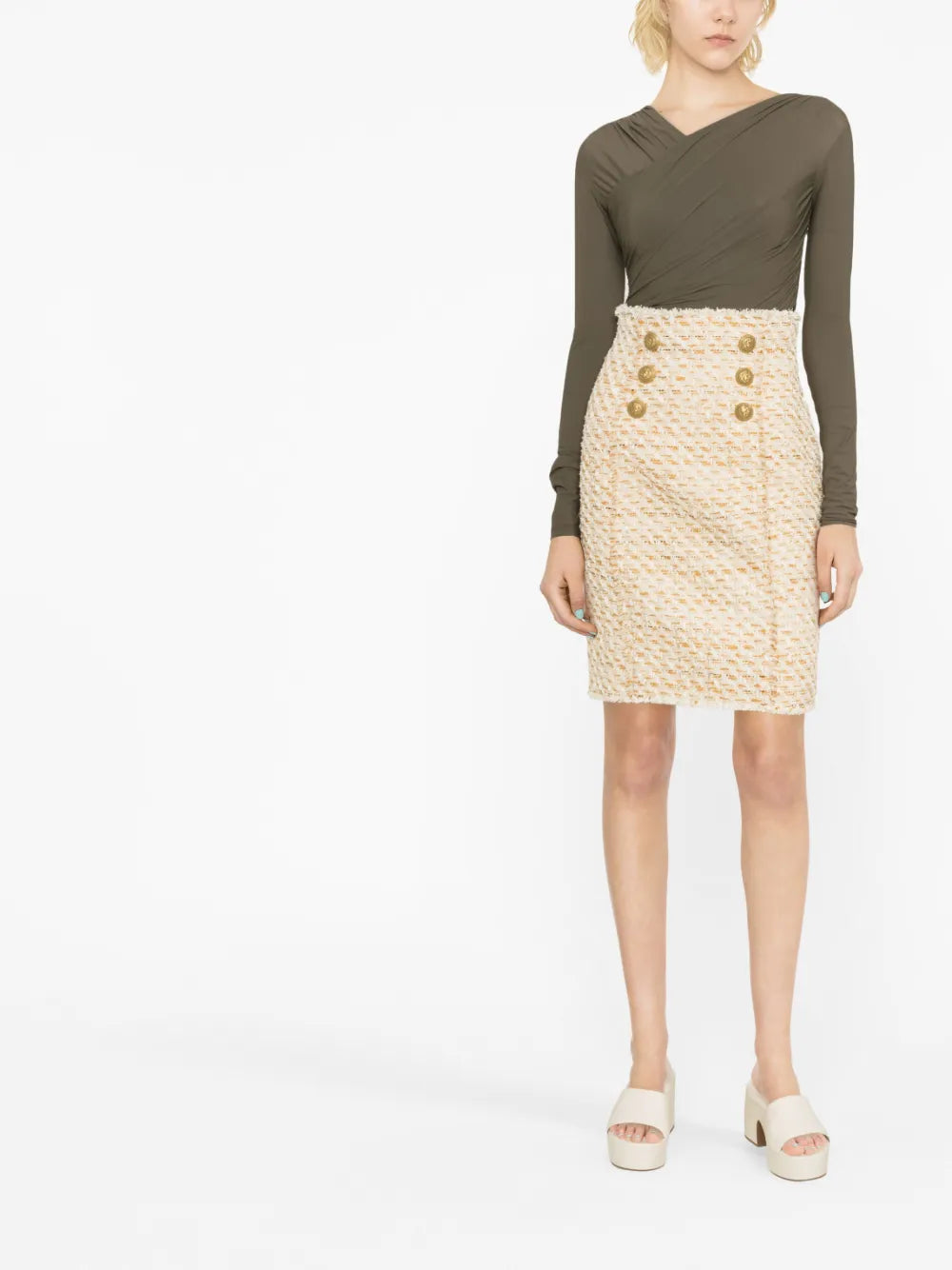 Button-Embellished Tweed Skirt
