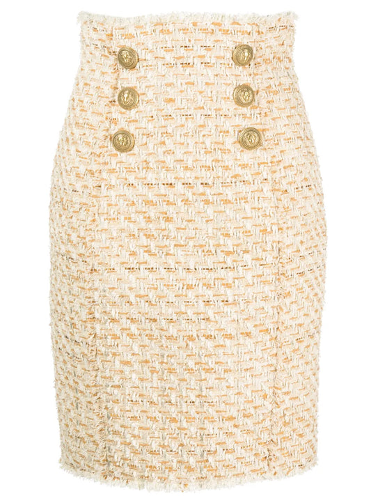 Button-Embellished Tweed Skirt